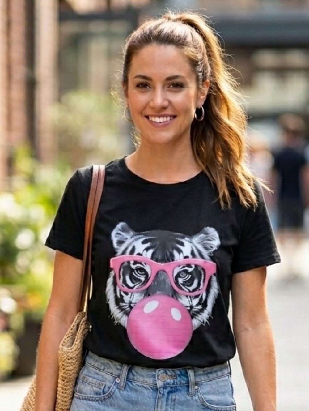 Graphic Tee with Pink Tiger Blowing a Bubble Black and Pink Size XL